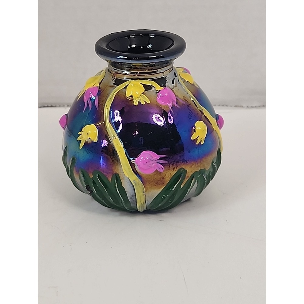 Vintage 3" Handblown Art Glass Iridescent Handpainted Bud Vase